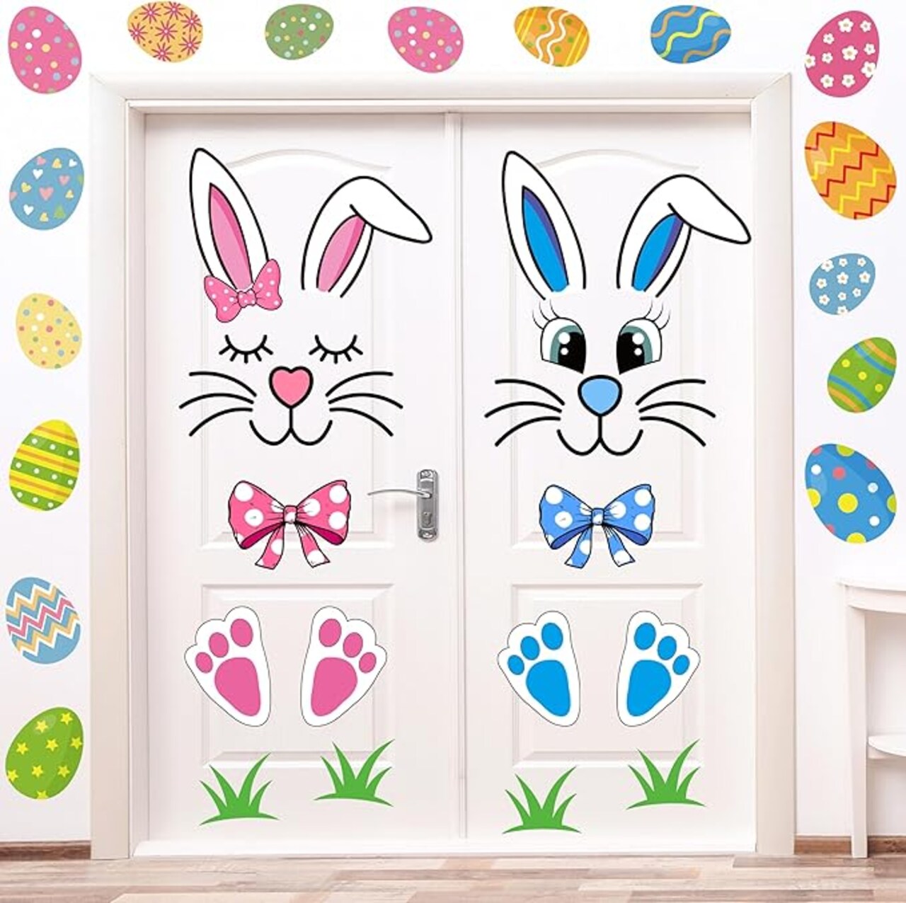 Easter Bunny Door Stickers Easter Door Decor Large Bunny Face Stickers with Eggs Decals for Spring Door Window Refrigerator Decorations